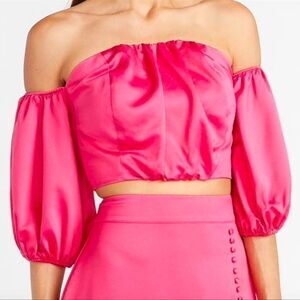 Ladygang Off The Shoulder Cropped Going Out Bright Pink Puffy Sweetheart Top S